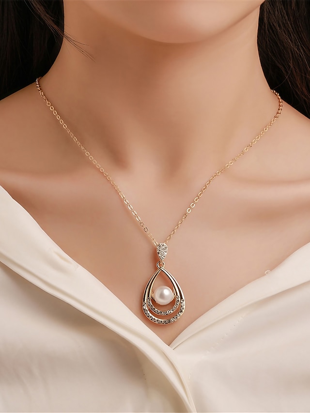 1set(1pcs Necklace1pair Earrings) Shiny Luxury Imitation Pearl Rhinestone Alloy Jewelry Set For Women